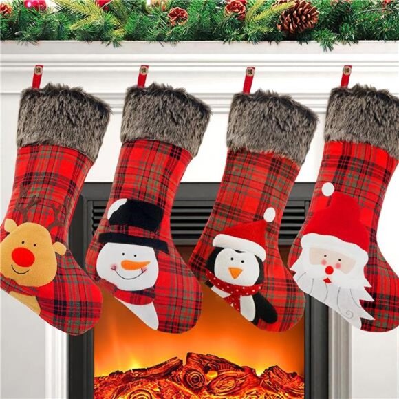 Christmas Stocking, 4 Pack 19 inch Xmas Stockings wiht Snowflake Santa Snowman - Picture 1 of 8